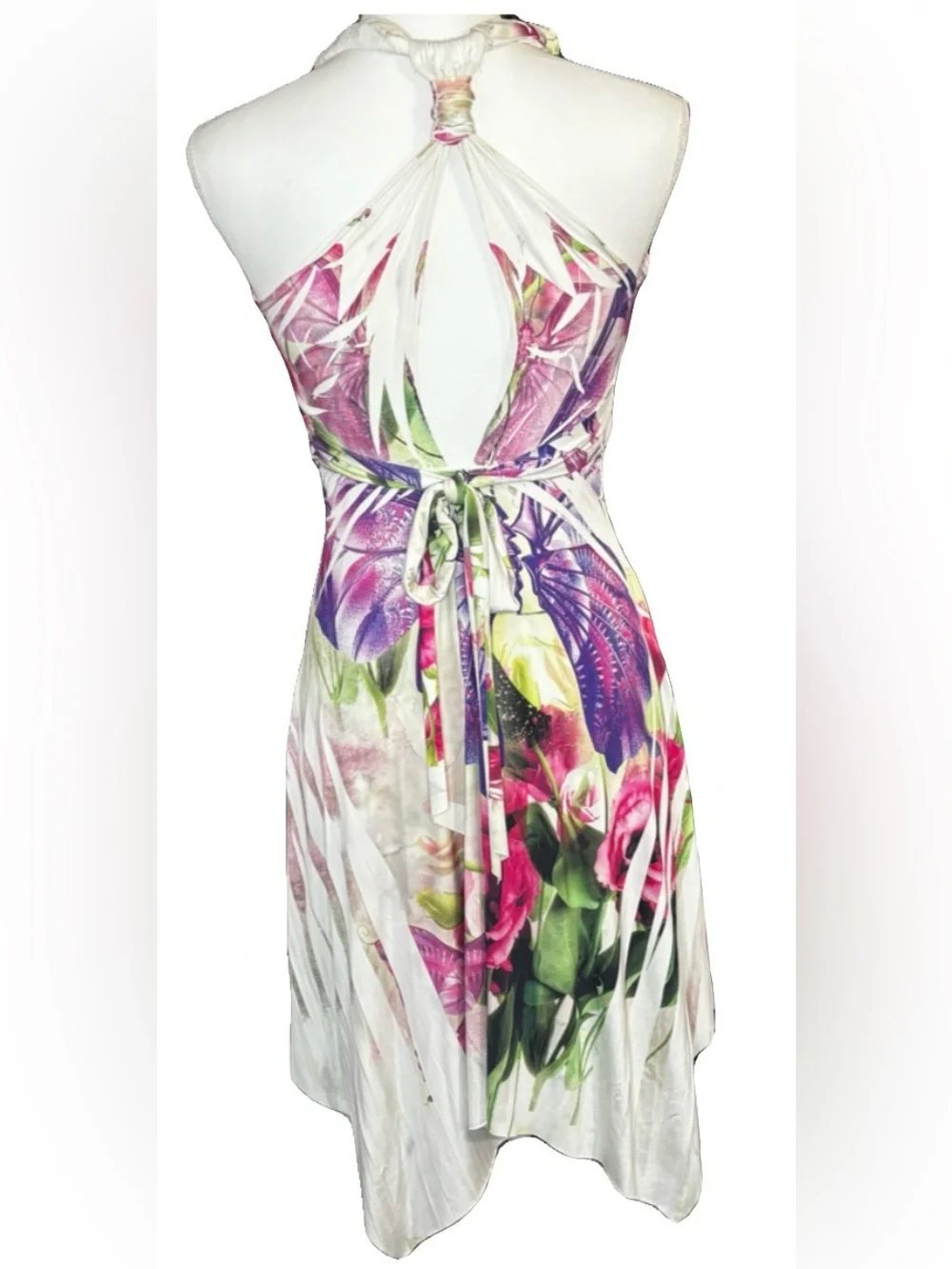 Vintage Y2K Kisses & Hugs Butterfly Floral Halter Handkerchief Dress Size S USA